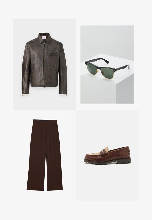 Giacca in pelle marrone con zip frontale, colletto a scatto e una tasca sul petto. Presenta tasche laterali con zip e una consistenza liscia.; Canotta bianca in cotone con scollatura rotonda, spalline larghe e orlo dritto, caratterizzata da una superficie liscia e senza motivi visibili.; Pantaloni larghi marroni con pieghe. Realizzati in un tessuto liscio, presentano una vita sagomata e tasche laterali. Orlo piatto in fondo.; Mocassini in pelle marrone con accentuazione in tela taupe, dettaglio cucito e suola in gomma testurizzata progettata per comfort e durata.; Occhiali da sole Ray-Ban con lenti verdi, montatura in plastica nera e dettagli dorati ai bordi. Forma quadrata con finitura opaca.