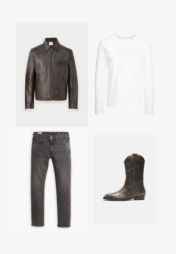 Veste en cuir marron avec fermeture éclair à l'avant, col à snaps et une poche poitrine. Comprend des poches latérales zippées et une texture lisse.; T-shirt blanc à manches longues en coton doux. Encolure ronde avec des ourlets droits et sans motifs ni graphiques visibles.; Jean en denim gris avec une coupe droite, design à cinq poches et fermeture à bouton. Présente un dégradé subtil et des coutures ton sur ton.; Botte de cow-boy en cuir marron avec un long tige, un bout pointu, des motifs de couture complexes et un petit talon. Finition texturée tout au long.