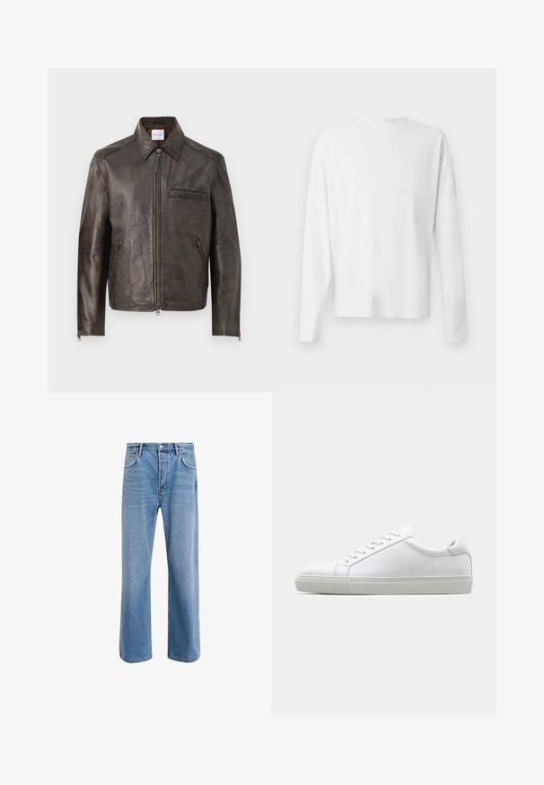 Bruine leren jas met een ritssluiting aan de voorkant, knoopkraag en één borstzak. Bevat ritssluitingen aan de zijzakken en heeft een gladde textuur.; Witte katoenen blouse met lange mouwen en een ronde halslijn, met zijsplitten aan de onderkant en een gladde textuur, vanuit de achterkant weergegeven.; Lichtblauwe denim jeans met een straight-leg ontwerp, vijf zakken, knoopsluiting, minimale vervaging en contrasterende stikseldetails.; Witte sneaker met een gladlederen bovenwerk en een laag profiel. Voorzien van een ronde neus, zes vetergaatjes en een gestructureerde rubberen zool.