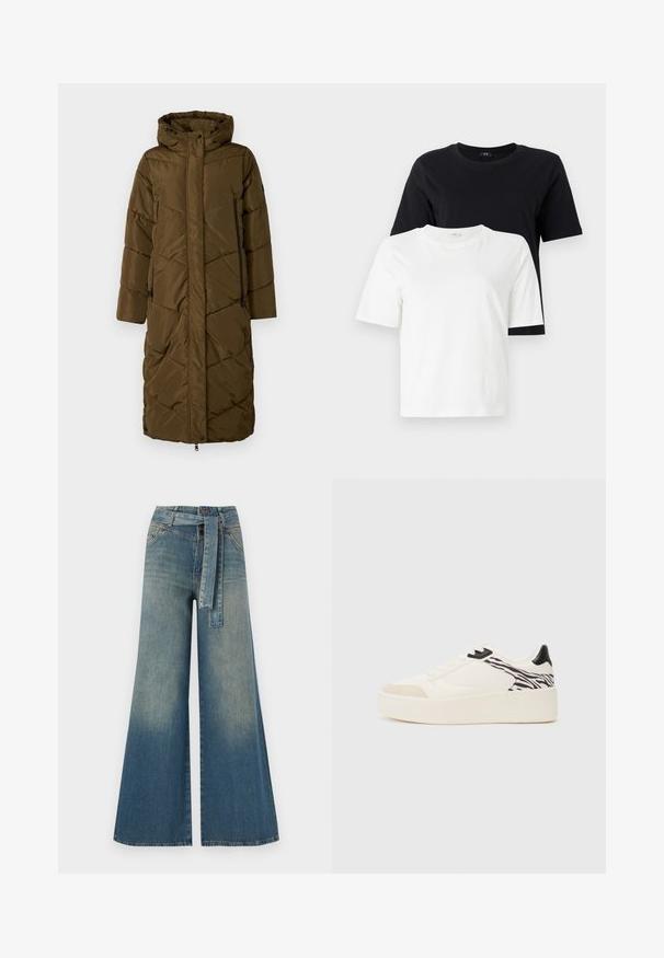 Dlouhá tmavě olivová péřová bunda s kapucí. Má diagonálně prošívaný vzor, přední zip a dvě boční kapsy se zipem.; Černé a bílé bavlněné trička. Kulatý výstřih, krátké rukávy, volný střih. Černé tričko je vystaveno nad bílým tričkem.; Džínové kalhoty širokého střihu s přechodem od světlé k tmavě modré, vysokým pasem, poutky na opasek a odpovídajícím opaskem ze stejného materiálu. Texturovaná džínovina.; Even&Odd Tenisky - white/black