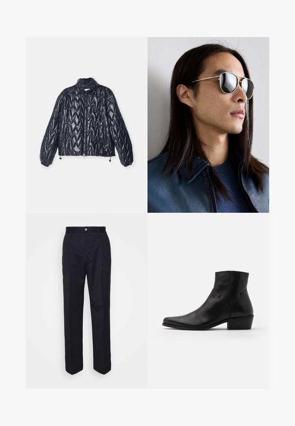 Melnā pūšamā jaka ar dimanta šūnu dizainu, augstu apkakli, ar rāvējslēdzēju aizdari un elastīgām aprocēm un apakšmalu. Viegls, spīdīgs apdare.; Melnā augstā kakla džemperis, kas izgatavots no mīksta materiāla, ar garām piedurknēm un pieguļušu piegriezumu. Ribota apdare ap apakšu un piedurknēm. Vienkāršs dizains.; Melnas piegrieztas bikses ar taisnu kāju dizainu, izgatavotas no gludas auduma, ar priekšējo pogu aizdari un divām sānu kabatām.; Melnas ādas potītes zābaki ar smailo pirkstu, minimāliem šuvju detalizējumiem, vidējas augstuma bloku papēdi un gludu, spīdīgu apdari.; Metāla saulesbrilles ar atstarojošiem stikliem, aviatora formā, sudraba rāmī un detaļām uz tempļa. Valkātas ar zilu džemperi un jaku.