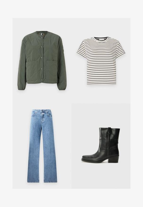 Green quilted jacket with a round neckline, snap button closure, two front pockets, and textured wave pattern on the fabric.; Cotton short-sleeve T-shirt with a crew neckline, featuring black vertical stripes on a white background and a straight cut design.; Light blue denim jeans with a wide-leg design, five pockets, belt loops, and a button closure. The fabric has a smooth texture.; Black leather ankle boot with a rounded toe, block heel, side zipper, and stitching accents on the vamp. Smooth texture, classic design.