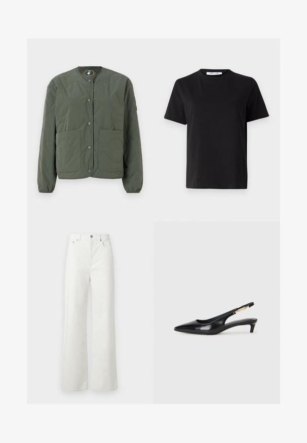 Green quilted jacket with a round neckline, snap button closure, two front pockets, and textured wave pattern on the fabric.; Black short-sleeve t-shirt made of soft cotton, featuring a round neckline, relaxed fit, and a smooth texture. No visible patterns or graphics.; Samsøe Samsøe SHELLY - Relaxed fit jeans - clear cream; Black leather slingback heels with a pointed toe, featuring a slim heel and a gold-tone accent on the adjustable strap. Smooth texture.
