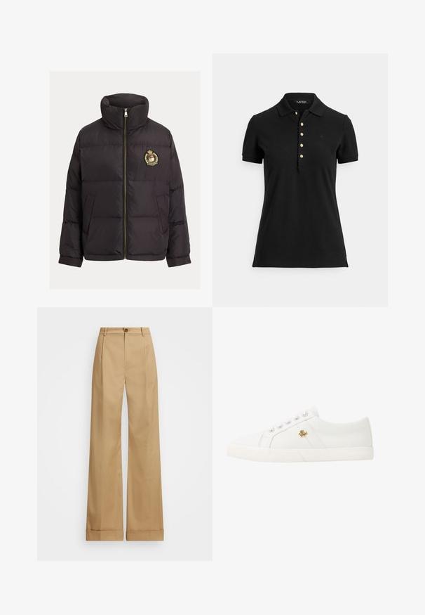 Crna pufer jakna s visokim ovratnikom, zlatnim patentnim zatvaračem, izvezenim logotipom na prsima i strukturiranim prošivenim dizajnom s bočnim džepovima.; Crna polo majica od teksturiranog tkanja, s ovratnikom, kratkim rukavima i preklopom s zlatnim gumbima. Diskretan logo na prsima.; Bež hlače širokog kroja s dugmetom za zatvaranje, s glatkom teksturom i naboranim pregibima. Hlače imaju rubove sa manžetama za dodatnu dekoraciju.; Lauren Ralph Lauren JANSON II CANVAS SNEAKER - Tenisice - optic white