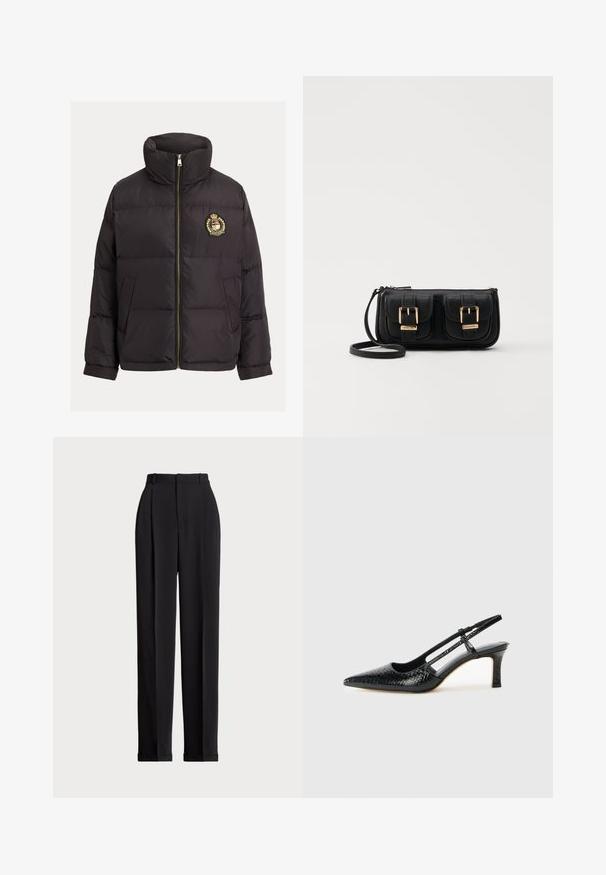 Black puffer jacket with a high collar, gold zipper, embroidered logo on the chest, and structured quilted design with side pockets.; Black cotton t-shirt with short sleeves, round neck, and a small white logo on the bottom left. Classic, boxy fit with minimal detailing.; Black tailored trousers with a high waist, featuring pleats at the front, a straight leg design, and a cuffed hem. Made from smooth fabric.; Black patent slingback heel with a pointed toe, featuring textured snake print, adjustable strap, and a short, textured block heel.; Black leather crossbody bag with two front pockets, gold buckles, zipper closure, and a slim strap. Textured surface and compact rectangular shape.