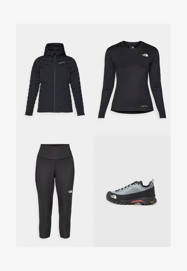 Musterniga must värvi sulejope kõrge krae, ees tõmblukk, elastsed köied kapuutsil ja chevroni tikandi muster sooja hoidmiseks.; The North Face SHADOW LONG SLEEVE - Pikkade varrukatega topp - black; Mustad mustad capri retuusid on valmistatud elastsetest kangast, millel on kõrge vöökoht ja väike valge logo vasakul küljel. Sile tekstuur.; Halluxنون tagasi, xpos, must ja hall matkasaapad Gore-Tex ülemise, tugevdatud varbaga ja Vibram tallaga, mustade paeltega ja kannatussahtliga.