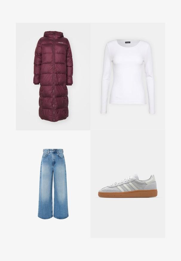 Columbia PUFFECT™ II LONG JACKET - Talvemantel - moonvista; Valge soonikuline pikkade varrukatega pluus ümmarguse kaelusega. Valmistatud venivast kangast, mis kehale siledalt ümber läheb. Omab peeneid horisontaalseid jooni.; Heledad hall sinine jeanid, millel on kõrge vöökoht, nööpkinne, kerge kulumine ja puhtad äärised.; Heledad hallhall kreemikas nähtav dress särk valgete nahka elementidega, kolm valget triipu ja pruun kummikreen, millel on mugavuse tagamiseks pehmendusega kaelus.