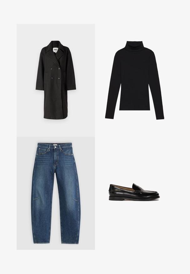 Schwarzer doppelter Übermantel mit Reverskragen, langen Ärmeln, zwei Fronttaschen und lockerer Passform. Hergestellt aus einem weichen, strukturierten Material.; Schwarzes langärmeliges Turtleneck-Oberteil aus geripptem Stoff, mit einer taillierten Passform, hohem Kragen und ohne Muster oder Akzente.; Dunkelblaue Jeans aus Denim mit geradem Bein, ausgestattet mit Vorderaschen, Kontrastnähten und einer dezenten, ausgewaschenen Textur an den Beinen.; Schwarzer Lederloafer mit runder Zehenpartie, schlupfendem Design und dezenten Nahtdetails entlang des Oberteils. Flache Gummisohle.