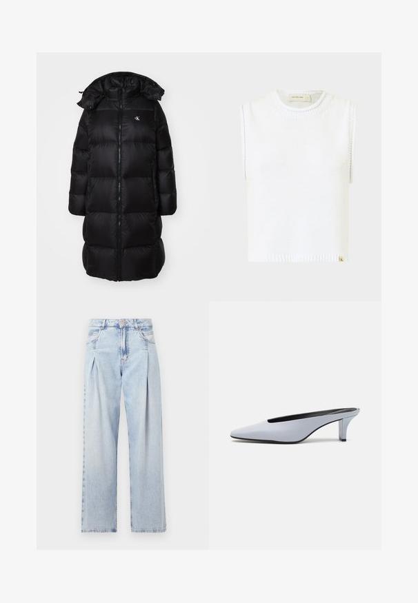 Mustmust švärk, millel on kapuuts, tõmblukk ees, tikitud sektsioonid ja väike logo vasakul rinnal. Valmistatud sileda, läikiva materjali eest.; Valge ilma varrukateta kudumisel põhinev top, ümmarguse kaeluse, kere ribitud ääre ja külgõmblustega; alumises servas on väike bränditud silt.; Heledad sinise denimist valmistatud teksapüksid kõrge vöökohaga, laia jala lõikega, kahe külje taskuga ja pleedi disainiga. Pehme tekstuur ja pleekinud viimistlus.; Heled sinine lakknahast suss, millel on terav ninatipp, madal läbipaistev konts ja voolujooneline disain, millel on lõige vampi juures.