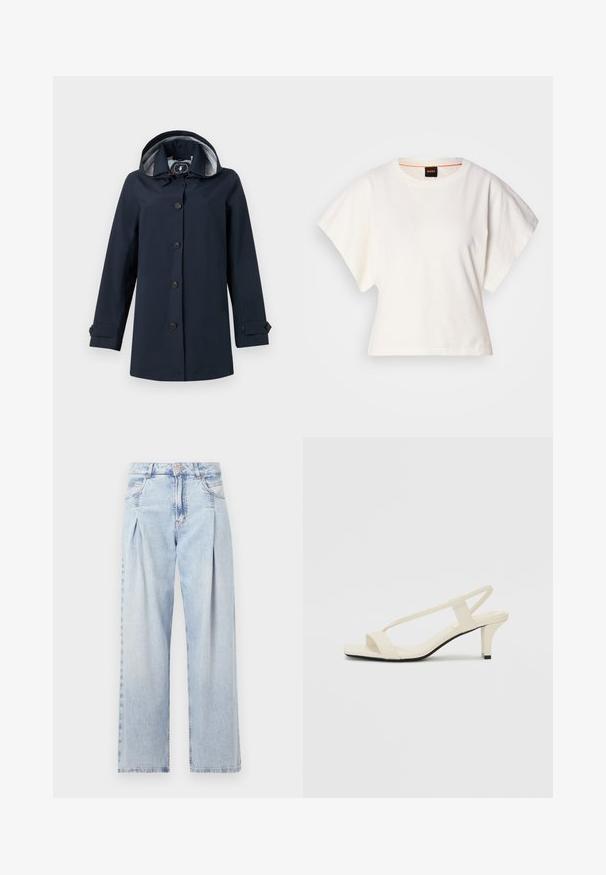 Laivansinis sadeviitta hupparilla, jossa on nappikiinnitys, sivutaskut ja raidallinen vuori. Silkkinen, vettä hylkivä kangas.; Valkoinen lyhythihainen t-paita, leveät lyhyet hihat, pehmeää puuvillamateriaalia, pyöreä pääntie jossa hienovarainen oranssi reunus, minimaalinen muotoilu, ei kuvioita tai graafisia elementtejä.; Vaaleansiniset farkut, joissa on korkea vyötärö, leveälahkeinen leikkaus, kaksi sivutaskua ja pleatattu muotoilu. Pehmeä rakenne, jossa on haalistunut viimeistely.; Beige sandaalit, joissa on loiva korko, ohuet hihnat ja neliönmallinen varvasosa. Sileä materiaali, jossa on minimaalista yksityiskohtaa, suunniteltu helppokäyttöiseksi.