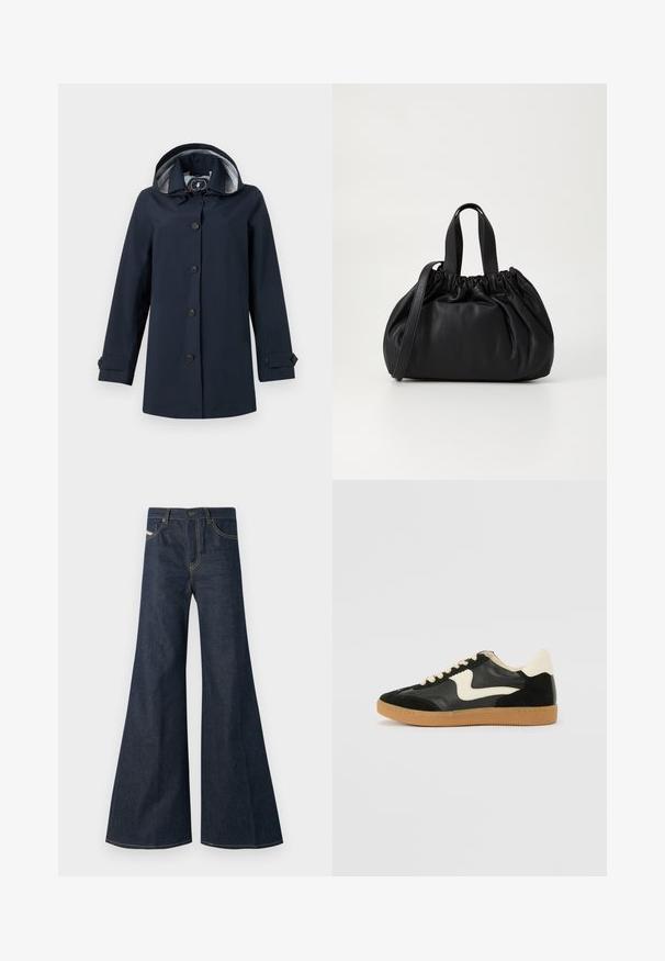 Marineblauwe regenjas met een capuchon, voorzien van een knoopsluiting, zijzakken en een gestreepte binnenvoering. Glad, waterafstotend materiaal.; Witte mouwloze tanktop van ribstof, met een ronde halslijn en een aansluitende pasvorm, met minimale naden en zonder versieringen.; Donkerblauwe flared jeans van denim, met een hoge taille, gouden stiksels en twee voorzakken met een knoopsluiting.; Zwarte suède en leren sneaker met een crèmekleurige zij-swoosh en lichte crèmekleurige hiel. Voorzien van beige veters en een gumrubberen zool.; Zwarte leren handtas met een geplooid ontwerp aan de bovenkant, voorzien van twee korte handvatten en een lange verstelbare schouderband. Gladde textuur, ronde vorm.