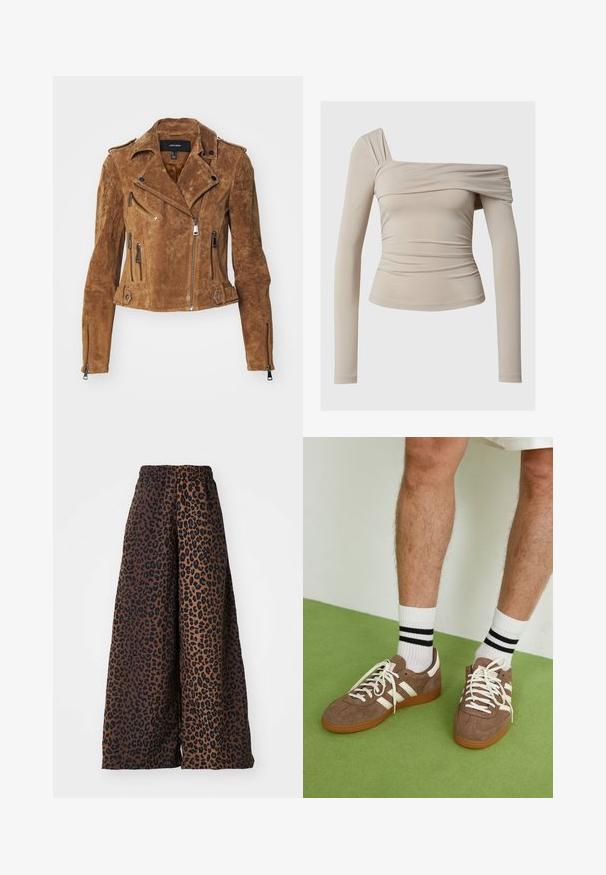 Pruunist nobedast nahast mootorratturi jakk, millel on lühendatud disain, asümmeetriline lukuga sulgemine ja mitmed lukuga taskud. Omab hõbedast riistvara ja kraed.; Beige pikkade varrukatega top koos õlavarrest avatud disainiga, millel on kortsuline tekstuur ja ülikitsas siluett. Sile ja veniv materjal.; Laiad püksid siledast kangast, millel on pruun taust musta leopardimustriga ja elastne vöökoht.; Prune nahkkingad valgete aktsentide ja paeltega. Kummikummist tallad. Kandu valgeid sokke mustade triipudega. Roheline tekstuuriga põrand.