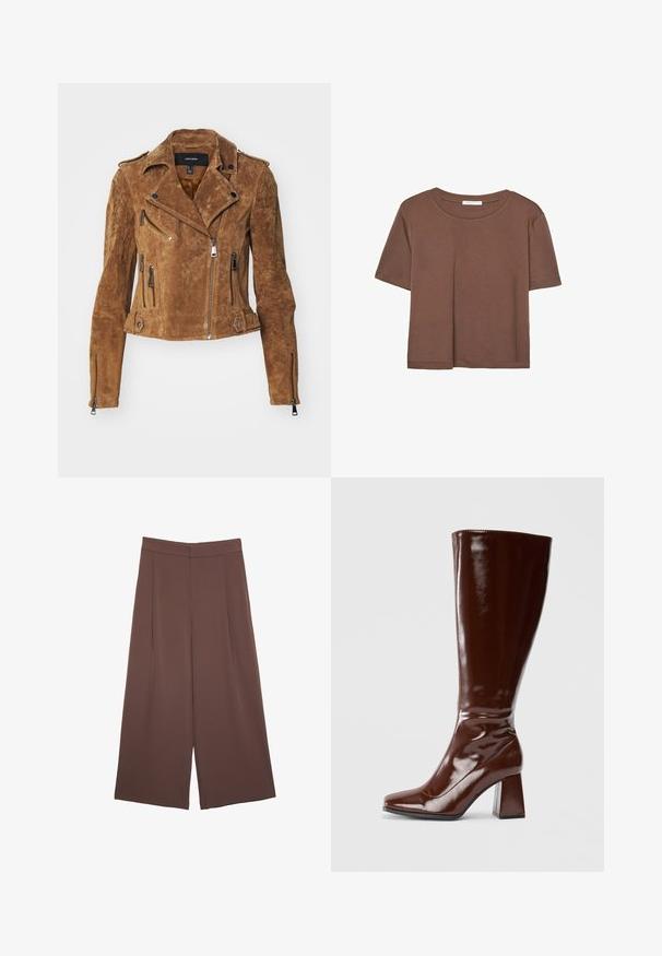 Rjava semiš jakna za motoriste s skrajšanim dizajnom, asimetričnim zapiranjem z zadrgo in več zadrgami. Ima srebrno kovinsko opremo in ovratnik.; Rjava kratka majica s kratkimi rokavi iz mehkega materiala, s krožnim izrezom in ohlapnim krojem. Brez vidnih vzorcev ali dodatkov.; Rjave široke hlače z gladko teksturo, ki imajo visok pas in sprednje naborke. Tkanina je lahka in prosto pada.; Bordeaux visoke škornje iz paten usnja z kvadratnim nosom, sijajno zaključno obdelavo in masivnim peto za stabilnost. Brezšiven dizajn brez vidnega okovja.
