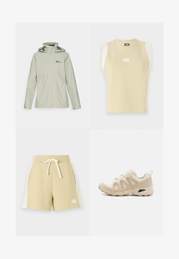 Svijetlosiva vodootporna jakna s kapuljačom, koja ima predni patentni zatvarač i podešive uže. Logo je prikazan na lijevoj strani prsnog koša.; Misantop bez rukava u pastelno žutoj boji od pamuka s okruglim izrezom. Sadrži kontrastne kremaste ramene panele i teksturirani logo na prsima.; Svijetlo maslinasto zelene kratke hlače od mekog materijala, s bočnim džepovima, elastičnim pojasom s vezicom i bijelim logotipom na lijevoj nozi.; Bež i kremasti sportski tenisice s teksturiranim mrežastim gornjim dijelom, potpornih preklopa i gumeni potplat s uzorcima za prianjanje.