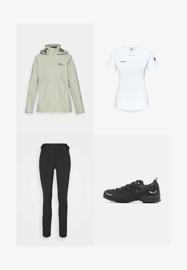 Lichtgrijze waterdichte jas met een capuchon, voorzien van een rits aan de voorkant en verstelbare koorden. Logo op de linkerkant van de borst.; Korte mouwen witte sportshirt met een ronde halslijn, voorzien van een logo op de borst en een gladde, lichte stoftextuur.; Zwarte, strakke broek gemaakt van een flexibel materiaal. Kenmerken zijn onder andere een ritszak aan de zijkant, gebogen knieën en een gladde textuur.; Zwarte wandelschoenen met een bovenkant van textuurstof, een vetersysteem en een robuuste rubberen zool. Verfraaid met reflecterende details en logo's.