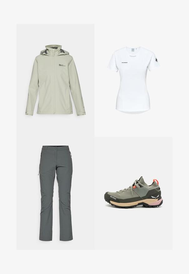 Giacca impermeabile grigia chiara con cappuccio, dotata di zip frontale e cordini regolabili. Logo visibile sul lato sinistro del petto.; Maglietta atletica bianca a maniche corte con colletto rotondo, dotata di un logo sul petto e una texture di tessuto liscia e leggera.; Pantaloni grigi da esterno realizzati in tessuto leggero e testurizzato; presentano tasche con zip e un design aderente con taglio dritto.; Scarpa da trekking leggera verde con materiali in rete e gomma, suola antiscivolo nera, accenti rosa e arancioni e punta rinforzata.