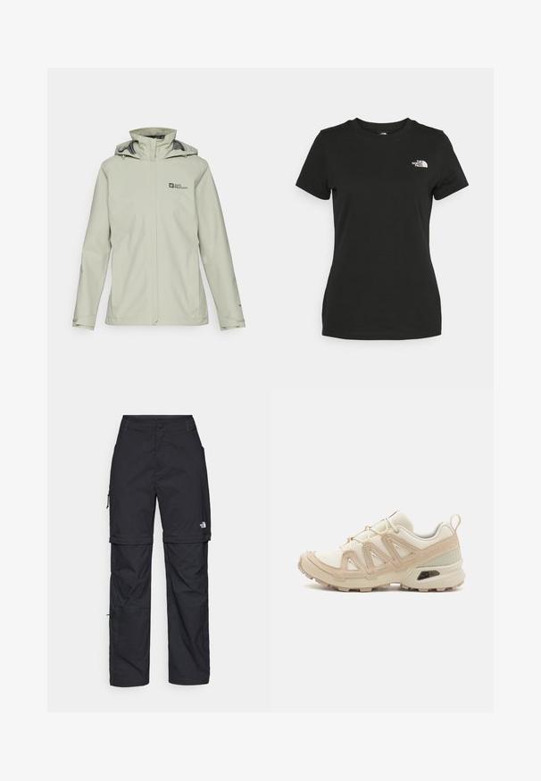 Lichtgrijze waterdichte jas met een capuchon, voorzien van een rits aan de voorkant en verstelbare koorden. Logo op de linkerkant van de borst.; Zwarte katoenen t-shirt met een ronde hals en korte mouwen. Opvallend wit logo op de bovenlinker kant. Soepele textuur, casual pasvorm.; Zwarte nylon cargo broek met afneembare pijpen, verstelbare manchetten, meerdere zakken en een logo op het rechterbeen. Gladde, lichte textuur.; Beige en crème sportschoen met een textuur-mesh bovenwerk, ondersteunende overlays en een rubberen zool met een profielpatroon voor grip.