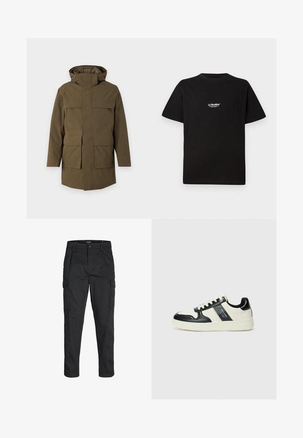 Maslinasto zeleni kaput s kapuljačom, s dva velika prednja džepa i patentnim zatvaračem. Izrađen od teksturiranog, izdržljivog materijala. Ravno krojena.; Crna pamučna majica s okruglim izrezom i kratkim rukavima. Sadrži bijeli logo "JJ Studios" na gornjem dijelu prsnog područja.; Crne cargo hlače izrađene od čvrstog materijala, s brojnim džepovima, kopčanjem na gumb i dizajnom koji pomaže da se prilagode tijelu sa suženim nogavicama.; Kožne tenisice s crno-bijelom paletom boja, koje imaju perforirane akcentne detalje, podstavljeni ovratnik i teksturiranu potplat.