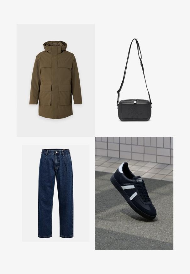 Olīvu zaļš parka ar kapuci, kurai ir divas lielas priekšējās kabatas un rāvējslēdzēja aizdare. Izgatavota no strukturēta, izturīga auduma. Taisna piegriezuma dizains.; Krēmkrāsas kokvilnas T-krekls ar īsām piedurknēm un apaļu kakla izgriezumu. Ar zilas un sarkanas krāsas grafisku druku, kas ietver tekstu un motīvu.; Tumši zilie džinsu bikses ar taisna kāju dizainu. Iezīmējas redzamas šuves, pogu aizdare un priekšējie gurni papildu detaļām.; Melnā ādas sporta apavi ar baltām svītrām, teksturēta gumijas zole un auklu aizdare. Iekļauj zīmola etiķeti uz mēles.; Melna ādas soma uz pleca ar zīmolu, slēdzamu rāvējslēdzēju un regulējamu siksnu. Gluda tekstūra un taisnstūru forma.