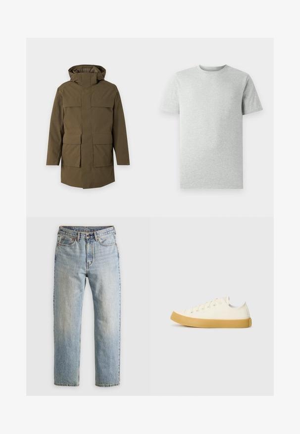 Oliivroheline park, millel on kapuuts, kaks suurt eesmist taskut ja lukuga sulgemine. Valmistatud tekstureeritud, vastupidavast kangast. Sirge lõikega disain.; Ühtlane heledahall lühikeste varrukatega ümmarguse kaelusega T-särk, esiplaanil, valge tausta ees, ilma nähtavate logode või kujunditeta.; Heledad hele sinine teksapükste kõrge vöökoht, ees nupuga, lukuga ja viie taskuga disain, asetatud tasasele neutraalsele taustale.; Kangasneakerid kreemjas valges, ümmarguse varbaga, beeži kummitaldaga ja viie silmaga paelte jaoks, tekstuurse viimistlusega ülaserv.