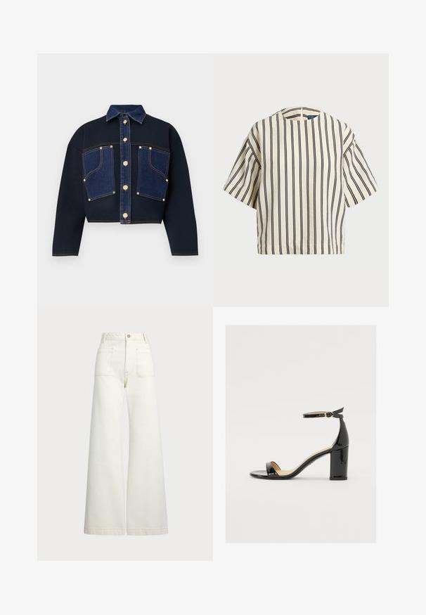 Kratka jakna iz temno modrega blaga z denim žepi spredaj. Zlate gumbe krasijo sredino in žepe. Klasičen ovratnik in ohlapen kroj.; Kratek rokav, prugast top v kremni in mornarsko modri barvi, z okroglim izrezom in kvadratnim dizajnom ter teksturirano tkanino.; Široke jeans hlače v off-white denim tkanini. Visok pas z gumbnim zapiranjem, dvema sprednjima žepoma in detajli kontrastnega šivanja.; Črne patentirane sandale s široko peto, odprtim prstom in trakovi okoli gležnja, ki imajo zlat zajemalec. Gladka tekstura in eleganten dizajn.