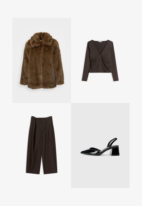 Rjava lažna krzna bunda z visokim ovratnikom, teksturirano površino in ohlapnim krojem. Ima popolno sprednjo zaprtje brez vidnih pritrdilnih elementov.; Dolga rokavica s globokim V-izrezom v temno rjavi tkanini. Vključuje nabrane stranske dele in skrajšano zasnovo. Gladka tekstura, minimalističen slog.; Temno rjave široke hlače z visokim pasom, ki imajo en gumb za zapiranje in zamaščen sprednji del. Narejene so iz lahkega blaga.; Črne lakirane slingback pete s koničastim nosom in geometrijsko blokasto peto. Imajo eleganten, minimalističen dizajn in gladko teksturo.
