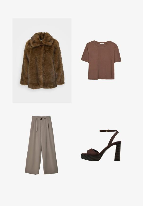 Rjava lažna krzna bunda z visokim ovratnikom, teksturirano površino in ohlapnim krojem. Ima popolno sprednjo zaprtje brez vidnih pritrdilnih elementov.; Rjava kratka majica s kratkimi rokavi iz mehkega materiala, s krožnim izrezom in ohlapnim krojem. Brez vidnih vzorcev ali dodatkov.; Široke hlače iz mehke, umirjene sive tkanine, z pasom, ki ga je mogoče zavezati, in z gubami za dodatne oblikovne podrobnosti. Gladka tekstura, brez vzorcev.; Rjave semiš sandale z visoko peto, odprto spredaj, z nastavljivim gležnjenjem in črtastim podplatom.