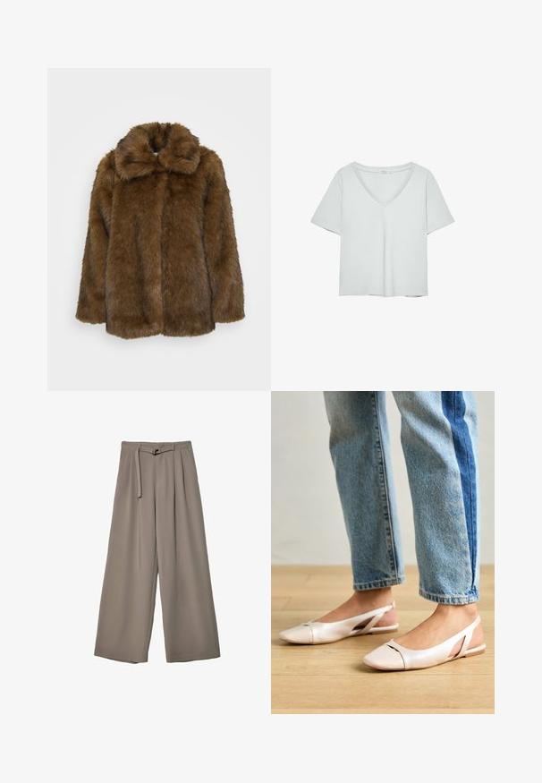 Hnědý kabát z umělé kožešiny s vysokým límcem, texturovaným povrchem a volným střihem. Má plný přední díl a žádné viditelné zapínání.; Svetle šedé tričko s krátkým rukávem a výstřihem do V, vyrobené z jemného materiálu; má volný střih a čisté švy bez vzorů.; Kalhoty s širokými nohavicemi v měkké, tlumené šedé látce, s páskem v pase a sklady pro přidaný designový detail. Hladká textura, bez vzorů.; Světle růžové slingback baleríny s špičatou špičkou, vyrobené z hladkého koženému materiálu. Obsahují vystřihovací detaily po stranách a plochý podpatek.
