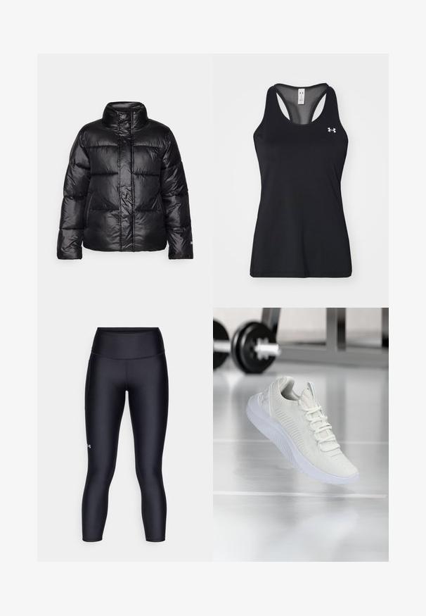 Sort pufferjakke med høj krave, quiltet design, blank overflade og en let cropped silhuet. Har lange ærmer og en frontlynlås.; Sort atletisk tanktop med struktureret stof, racerback-design og diskret logo-detajle på brystet. Letvægts- og åndbart materiale.; Sorte leggings lavet af glat, strækbart stof. Høj talje-design med en tætsiddende pasform og et lille logo på venstre ben.; Hvide atletiske sneakers med et tekstureret mesh-overdel og snøresystem, med en polstret hvid sål og subtile ribbede detaljer.