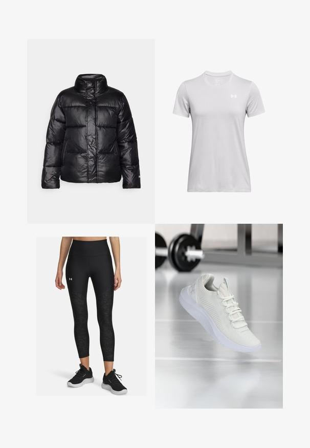 Must must jacket kõrge kraega, tikandiga disain, läikiv viimistlus ja veidi lühendatud siluett. Omab pikki varrukaid ja esist tõmblukk.; Lühikeste varrukatega spordit-särk helesinises kangas, millel on ümmargune kaelus ja väike valge logo vasakul ülaservas. Pehme tekstuur.; Mustad mustriga sportlikud leggingid kõrge vöökohtadega, külgede peal tekstuuriga muster, millele on lisatud mustad sportlikud jalatsid.; Valge sportlik tennis, millel on tekstureeritud võrkkangas ülemine osa ja nööbilukusüsteem, millel on pehme valge tall ning delikaatsed ribalised aksendid.