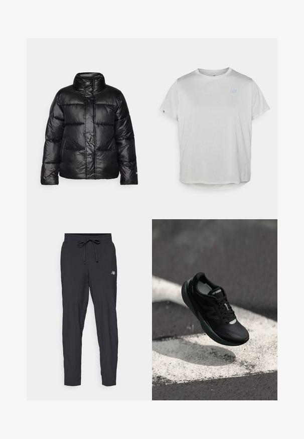 Giacca a vento nera con colletto alto, design trapuntato, finitura lucida e silhouette leggermente accorciata. Presenta maniche lunghe e una chiusura frontale con zip.; T-shirt atletico grigio chiaro a maniche corte con tessuto a rete testurizzato e un logo blu discreto sul davanti. Orlo arrotondato in fondo.; Pantaloni sportivi neri realizzati in materiale leggero con vita elasticizzata e cordoncino regolabile. Presentano un piccolo logo sul lato.; Scarpa da corsa nera con una tomaia testurizzata, design elegante e dettagli riflettenti. Presenta una suola morbida e ammortizzata per il comfort.