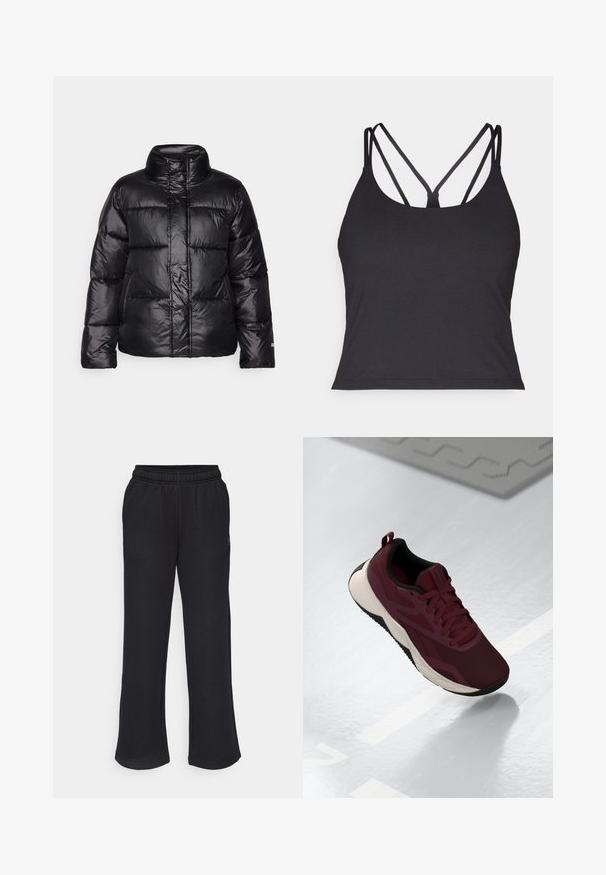 Sort pufferjakke med høj krave, quiltet design, blank overflade og en let cropped silhuet. Har lange ærmer og en frontlynlås.; Sort top med tynde stropper og krydset design på ryggen. Lavet af blødt, strækbart materiale med en tætsiddende silhuet.; Sorte sweatpants med en flagrende pasform, elastisk talje og sidelommer. Lavet af blødt stof uden synlige mønstre eller accenter.; Bordeaux atletiske sko med mesh-overdel, sorte accents og en polstret hvid sål. Har snørebåndslukning og en løkke ved hælen.