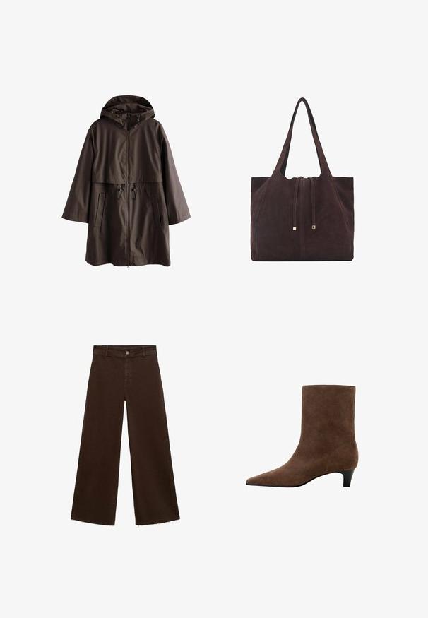 Smeđi vodootporni kaput s kapuljačom, zatvaranjem na patentni zatvarač, podešivim vezicama i dva prednja džepa. Glatka tekstura i opušteni kroj.; Majica s kratkim rukavima i okruglim izrezom, od pahuljastog, teksturiranog materijala. Boja je tamnosmeđa s suptilnim varijacijama. Jednostavan, ravno krojen dizajn.; Smeđe široke hlače od pamuka, s raspucanim rubom, prednjim kopčanjem na dugme i klasičnim dizajnom s pet džepova. Minimalističke i svestrane.; Smeđi nubuk čizmi do gležnja s oštrim nosom i niskim potpeticama, prikazan sa strane na bijeloj pozadini.; Mango Velika torba - dark brown