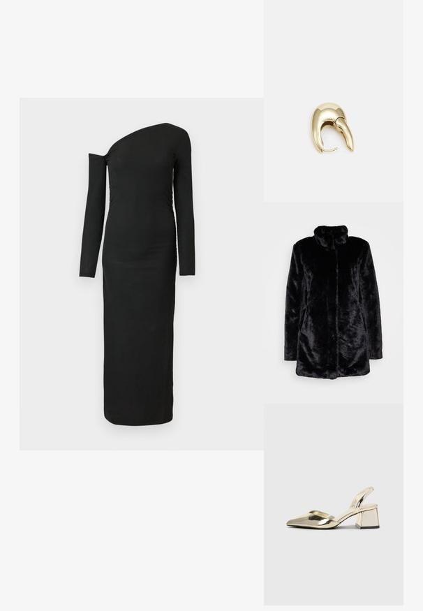 Must musta karvane mantel kõrge kaelarinnaga, pehme tekstuuriga, pikad varrukad ja avatud esiküljega disain. Pole nähtavaid kinnitusi.; Mustern, keha kätkev, pika varrukaga kleit asümmeetrilise kaelusega ja kokkuvõetud külje detailiga, valmistatud ribakujulisest kangast.; Kuldne, metallilised slingback-kudumid terava varba ja paksu kontsaga. Sile tekstuur, minimalistlik disain ja kitsas rihm.; Kuldtooni metallist kõrvarõngas, millel on elegantne ja kaarjas disain. Omab silmapaistvat teravat kuju, poleeritud pinda ja hingesulgemist.