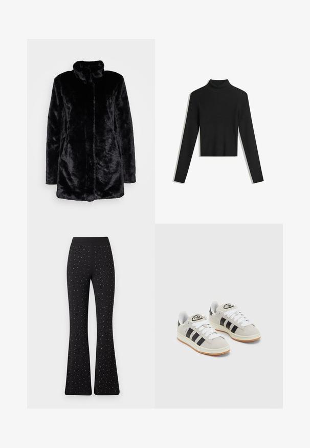 Zwarte nepbontjas met een hoge kraag, zachte textuur, lange mouwen en een open voorkant. Geen zichtbare sluitingen.; Zwarte, geribbelde turtleneck trui met lange mouwen en een cropped ontwerp. Zachte textuur en aansluitende silhouet.; Zwarte flared broek met gelijkmatig verdeelde kleine witte stippen en een eenvoudige tailleband tegen een witte achtergrond.; Grijze nubucklederen sneakers met witte veters, zwarte strepen en een witte rubberen zool. Bevat een rond logo op de tong en een gumzool.