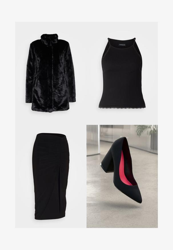 Svart fuskpälsjacka med hög krage, mjuk textur, långa ärmar och öppet framdesign. Inga synliga knäppningar.; Svart ribbad linne med scallop-mönstrad spetskant i nederkant. Har tunna axelband och en figurnära design. Tillverkad av elastiskt tyg.; Svart, rynkad pennkjol med knytning och en sidoslits. Tillverkad av ett elastiskt tyg, med en jämn yta och figurnära design.; Svart högklackad sko med spetsig tå, texturerad yta och en livlig rosa inredning. Har en kraftig klack med silverdetaljer.