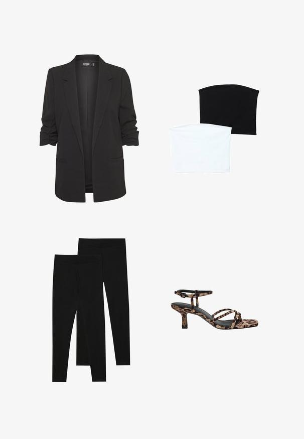 Schwarze Blazer mit hochgekrempelten Ärmeln, hergestellt aus glattem Material. Verfügt über eine taillierte Form, einen Ein-Knopf-Verschluss und zwei Seitentaschen.; Zwei nahtlose Schlauchschals: einer schwarz und einer weiß. Beide bestehen aus weichem, dehnbarem Material und haben eine glatte Textur ohne Muster.; Schwarze Leggings aus dehnbarem Stoff, mit einem nahtlosen Bund und einer schmalen Passform, geeignet für Freizeit oder Sport.; Leopardenmuster Absatzsandalen mit Quadratzehen, mehreren Riemen und einem mittelhohen Absatz. Hergestellt aus weichem Textilmaterial.