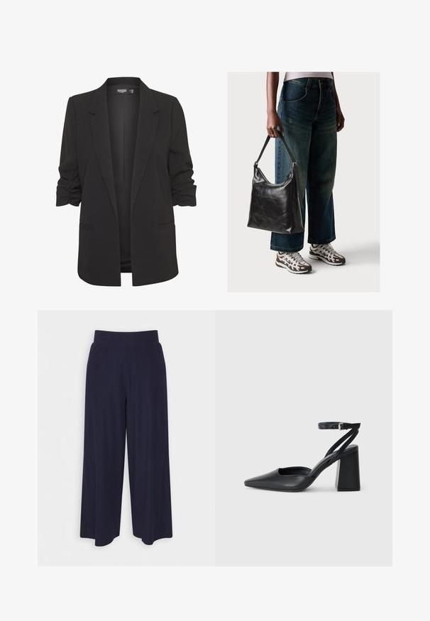 Mustern mustaga žaketi, millel on üles keritud varrukad, valmistatud siledast kangast. Omab liibuvaid vorme, ühe nupuga esiosa ja kahte küljetaskut.; Valge ilma varrukateta topp ümmarguse kaelusega. Valmistatud siledast kangast, sellel on mugav lõige ja minimalistlik disain. Ei ole mustreid ega aksessuaare.; Tumed põlvpüksid tumedast meresinisest kangast, millel on sooneline tekstuur. Omab sujuvat vööd ja voolavat siluetti, ulatudes pooleni säärest.; Mustmustest must-käigukingad, millel on konksuga nöör ja paks konts. Ühtlane tekstuur, stiilne disain ja minimalistlik esteetika.; Must musta õlakott, millel on sile tekstuur ja reguleeritav rihm, koos pleekinud laia jalgadega teksade ja sportlike tossudega.