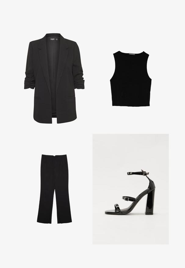 Czarna marynarka z podwiniętymi rękawami, wykonana z gładkiego materiału. Charakteryzuje się dopasowanym krojem, zapięciem na pojedynczy guzik oraz dwoma bocznymi kieszeniami.; Czarny bezrękawnik crop top z gładkiego materiału, z okrągłym dekoltem i czystym, prostym wzornictwem, bez wzorów czy metalowych elementów.; Czarne spodnie o prostym kroju, z przednimi kieszeniami i bocznymi rozcięciami na dole. Wykonane z miękkiego, gładkiego materiału. Odpowiednie na różne okazje.; Czarne lakierowane sandały na obcasie z kwadratowym noskiem, z paskami wokół kostki i srebrnymi klamrami. Posiadają masywny słupek dla stabilności.