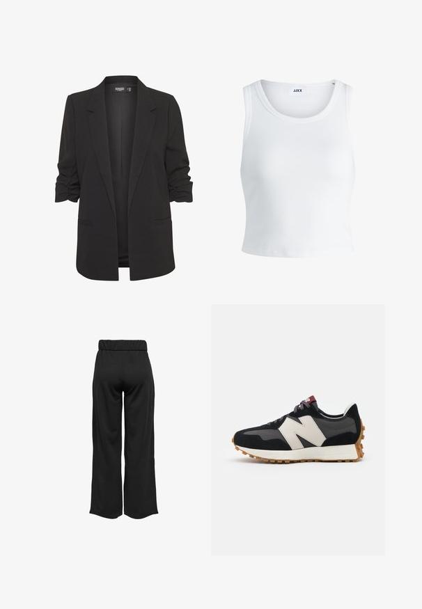 Juodas švarkas su atlenktais rankovėmis, pagamintas iš lygios medžiagos. Turi prigludusią formą, vieną mygtuką priekyje ir dvi šonines kišenes.; Balta raukšlėta tank top marškinėliai su apvaliu iškirpimu, be rankovių dizainu ir trumpa ilgio. Etiketėje parašyta "JJXX." Lygus audinio paviršius.; Juodos, plačios kelnės su elastinga juosta, pagamintos iš lygaus audinio. Pasižymi švariu dizainu, be kišenių ar matomų siūlių detalių.; Juoda ir pilka zomšinė sportinė avalynė su dideliu kreminiu "N" logotipu, violetinėmis raištelėmis ir tekstūruota gumos padu.