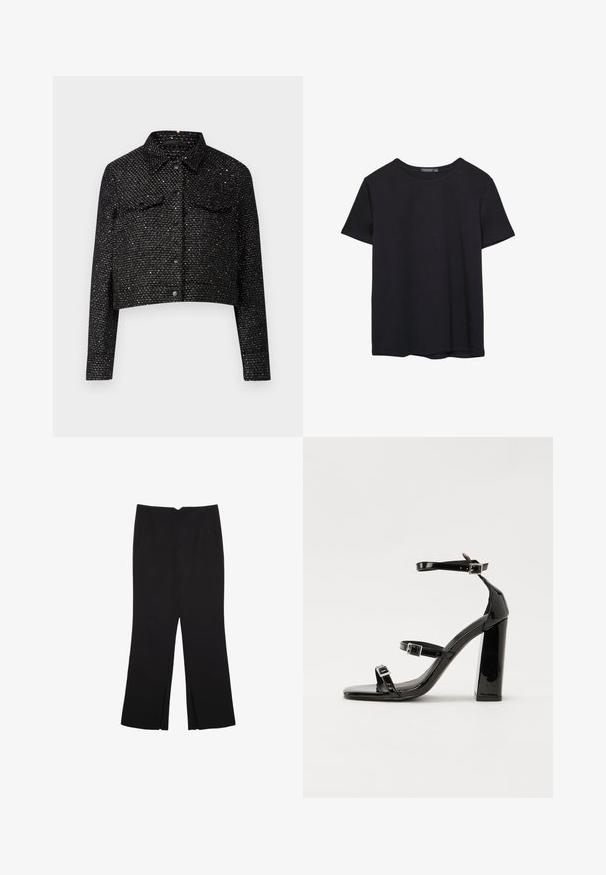 Čierna skrátená bunda s textúrovanou väzbou, obsahujúca kovové akcenty, golier, dve náprsné vrecká a predné zapínanie na gombíky.; Jednoduché čierne bavlnené tričko s krátkym rukávom a okrúhlym výstrihom, umiestnené na bielom pozadí.; Čierne nohavice so strihom rovného strihu, s prednými vreckami a bočnými rozparkami na leme. Vyrobené z mäkkej, hladkej tkaniny. Vhodné na rôzne príležitosti.; Čierne lakované sandále na vysokom opätku s dvoma prackami, štvorcovou špičkou a hrubým blokovým opätkom, s hladkou, lesklou textúrou.