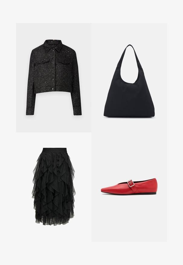 Čierna skrátená bunda s textúrovanou väzbou, obsahujúca kovové akcenty, golier, dve náprsné vrecká a predné zapínanie na gombíky.; Biela bezrukávová tielko vyrobené z rebrovanej látky, s okrúhlym výstrihom a priliehavým strihom, s minimálnymi švami a bez ozdôb.; Čierna midi sukňa vyrobená z vrstveného tylu s volánikmi. Má elastický pás. Priehľadná látka pridáva textúru a pohyb.; Červená kožená balerína s špicatou špičkou, vybavená bočným popruhom s kovovou prackou a nízkym čiernym podpätkom. Hladká textura po celom povrchu.; Čierna látková taška s jedným širokým ramenným popruhom. Mäkký, polostruktúrovaný tvar a hladká textúra; minimalistický dizajn bez viditeľného kovania.