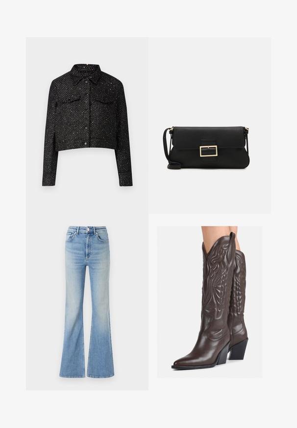 Czarna krótka kurtka o teksturowanej strukturze, z metalicznymi akcentami, kołnierzem, dwoma kieszeniami na piersi oraz zapięciem na guziki z przodu.; Biała bezrękawnikowa koszulka wykonana z prążkowanej tkaniny, z okrągłym dekoltem i dopasowanym krojem, o minimalnych szwach i bez ozdób.; Jasnoniebieskie dżinsy w kształcie dzwonów, wykonane z denimu, z wysokim stanem, pięcioma kieszeniami i delikatnym gradientowym blaknięciem w kierunku dołu nogawki.; Brązowe skórzane kowbojki z noskiem w kształcie migdała i blokowym obcasem, z detalicznym przeszyciem i podniesionymi akcentami na cholewce.; Czarna skórzana torebka kopertowa z klapką i detalem w postaci złotej metalowej klamry. Zawiera czarny pasek oraz elegancki, minimalistyczny design.; Srebrne kolczyki w kształcie obręczy z skręconym wzorem, z polerowanym wykończeniem i zapięciem na sztyft. Mają średnicę około 3 cm.