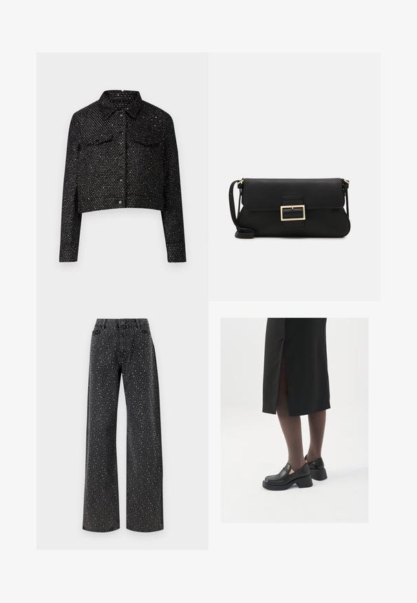 Sort cropped jakke med en struktureret vævning, prydet med metalliske detaljer, krave, to brystlommer og frontknaplukning.; Hvid ærmeløs tanktop lavet af ribbet stof, med en rund halsudskæring og en tætsiddende silhuet, med minimale sømme og ingen pynt.; Noisy May NMJANNEL LOOSE - Jeans Relaxed Fit - black denim; Sorte lædersko med rund tå, kraftig blokhæl og elastiske sideaccentuer, parret med mørke strømpebukser og en sort nederdel med slids.; Sort læder clutchtaske med klap og detaljer i guldmetallisk spænde. Inkluderer en sort rem og et slankt, minimalistisk design.