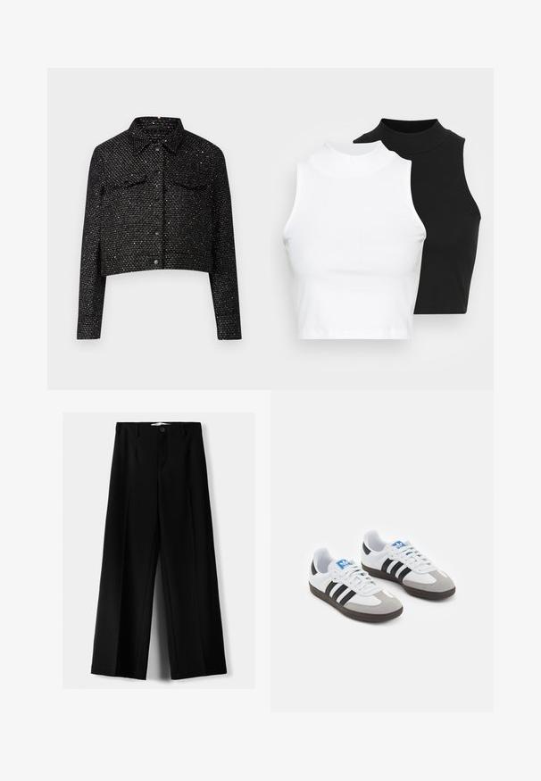 Sort cropped jakke med en struktureret vævning, prydet med metalliske detaljer, krave, to brystlommer og frontknaplukning.; To kjoleløse ribbede turtleneck-toppe i sort og hvid, med en tætsiddende design og glat tekstur, samt cropped længde.; Sorte brede bukser lavet af letvægtsstof, med frontknaplukning og glat front, samt pænt syede kanter.; Sportsko med en overdel i hvid læder, grå ruskind på tåen og tre sorte striber. Har et blåt logo på tungen og en struktureret gummisål.
