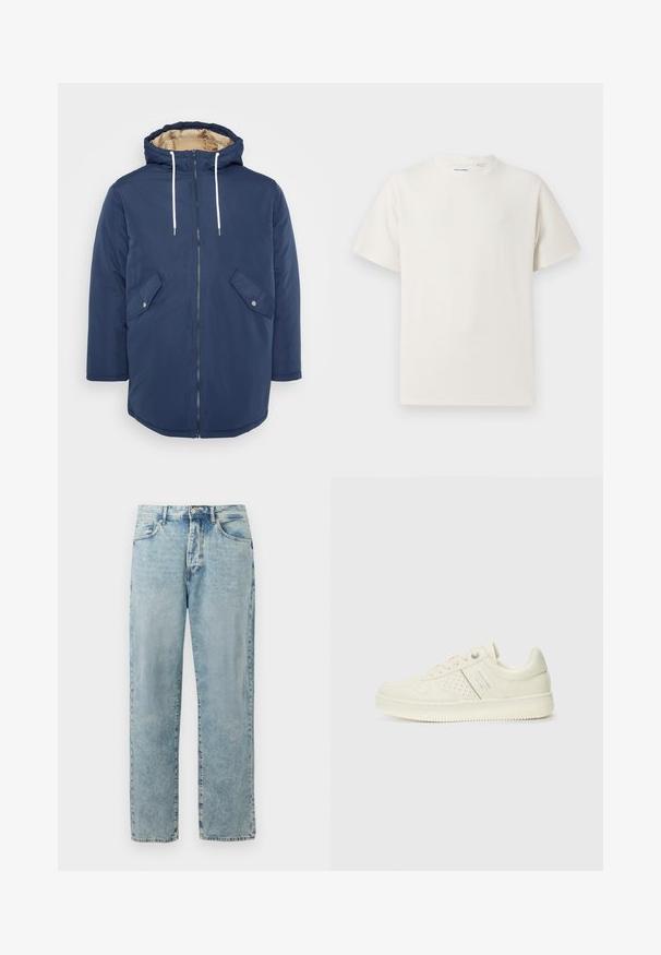 Tamsiai mėlyna izoliacinė striukė su kapišonu, priekyje užtrauktuku, baltais raišteliais ir dviem įstrižais kišenėmis su metalinėmis spaudėmis. Lygus išorinis paviršius.; Balta trumpa rankovė T-polo marškinėlių su juostelėmis tekstūra. Apvalus iškirpimas, laisvas fasonas, jokių matomų raštų ar akcentų. Paprastas ir universalus dizainas.; Šviesiai mėlyni tiesūs džinsai su mygtuku ir užtrauktuku, priekinės kišenės ir subtilus spalvų išblukimas.; Kremo spalvos sportbačiai su perforuotomis detalėmis, raišteliais ir logotipu šone, išdėstyti prieš paprastą baltą foną.