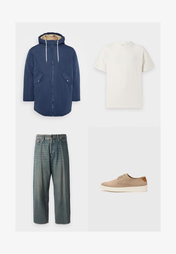 Marineblå isolert jakke med hette, frontglidelås, hvite snorer og to skrå lommer med metallknapper. Glatt ytterstoff.; Hvit T-skjorte med kort erm i ribbestrikket tekstur. Rund hals, avslappet passform, ingen synlige mønstre eller detaljer. Enkelt og allsidig design.; Lyseblå denimjeans med løs passform, midjehøyde og rette ben. Har fem lommer, beltehemper og knappelukking.; Beige semskinnsko med rund tå, snøring foran og en teksturert bakre aksent. Hvit gummisåle gir kontrast. Enkelt og moderne design.