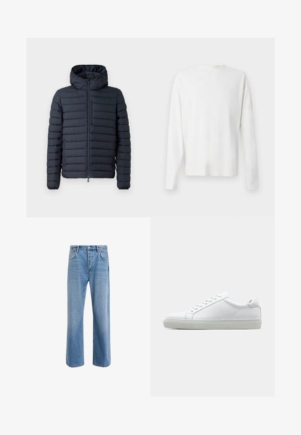 Mørk navy polstret jakke med hætte, med en frontlynlås og subtile vandrette syninger. Tekstureret stof og en brystlomme.; Langærmet hvid bomulds skjorte med rund halsudskæring, sideslids i bunden og en glat overflade, vist bagfra.; Lyseblå denim jeans med lige ben-design, fem lommer, knaplukning, minimal falming og kontraststingdetaljer.; Hvide sneakers med en glat læderoverdel og lav profil. Har en rund tå, seks snørehuller og en tekstureret gummisål.