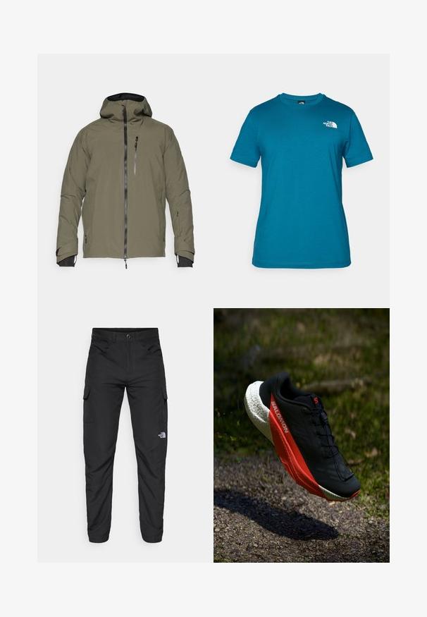 Olive roheline veekindel jakk kapuutsi ja ees oleva tõmblukuga, rinnakotiga ja reguleeritavate mansettidega. Sile tekstuur minimaalsete õmblustega.; Teal värvi lühikese varrukaga t-särk, mis on valmistatud pehmest puuvillast, valge logoga, mis on trükitud vasakule rinnaosale ning klassikalise ümarate kaelustega disainiga.; The North Face HORIZON PANT - Õuepüksid - black; Must have musta jalgsed, punaste detailidega, kerge võrgust pealis, tekstureeritud valge tallaga ja kinnitusüsteemiga. Kujundatud jõudluseks ja mugavuseks.
