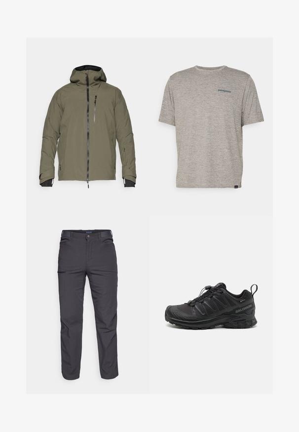 Oliven grøn vandtæt jakke med hætte, frontlynlås, brystlomme og justerbare manchetter. Glat tekstur med minimale syninger.; Grå kortærmet t-shirt lavet af blødt, struktureret stof med et lille blåt Patagonia-logo på venstre bryst. Ingen yderligere mønstre.; Mørkegrå bukser lavet af holdbart stof, med en lynlåslomme, lige snit og bæltestropper for justerbar pasform.; Sort atletik sko med en struktureret syntetisk overdel, polstret sål og et hurtiglukkesystem. Har forstærket tå og hæl.